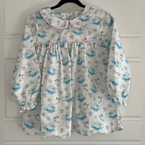 Stitchy Fish Turquoise Tea Party Dress Top Cotton Scalloped Puff Sleeve Girl 6